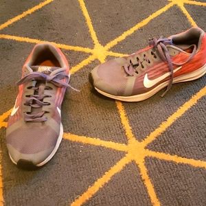 NIKE Downshifter 8, size 4, Grey, Orange, and White